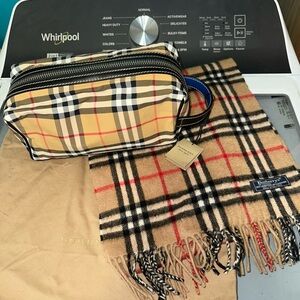 Burberry Tan and Black Checkered Cosmetic Bag and scarf